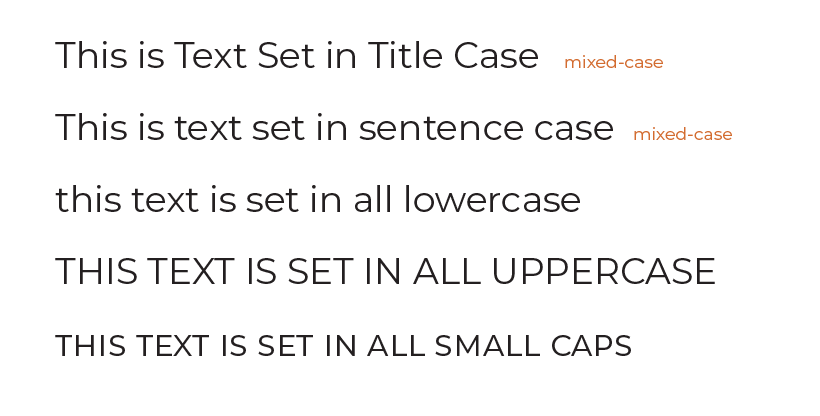 an image comparing a sentence set in title case, sentence case, lowercase, uppercase, and small caps